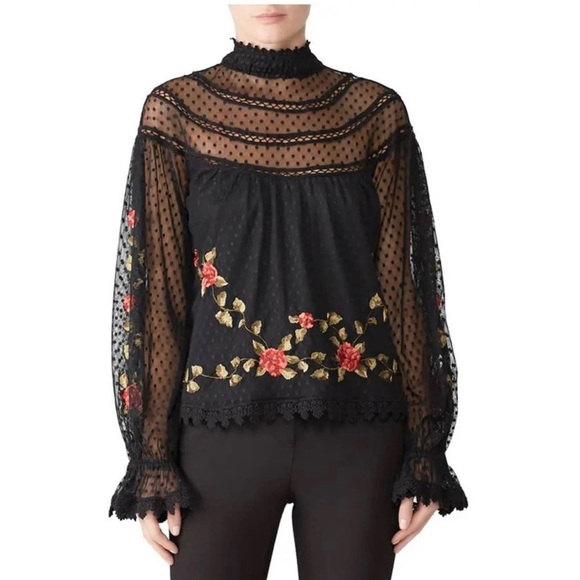 Saylor Mesh Swiss Dot Whimsigoth Delilah Embroidered Floral Sheer Blouse Small - Picture 2 of 12